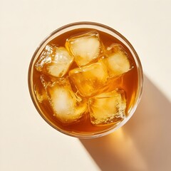 Refreshing iced tea in a transparent glass placed at the center of a light minimal background creating a clean and contemporary product shot perfect for various lifestyle food and beverage content