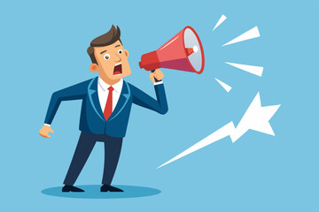 Warning message, shouting alert or danger warning, important message on loud speaker, emergency attention, safety or urgency scream concept, businessman shouting on megaphone with exclamation point
