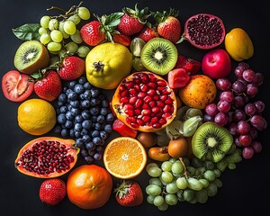 Vibrant fruits and assorted food items arranged on a black background, highlighting their rich...