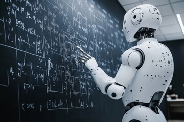 A sophisticated robot is seen solving intricate mathematical equations on a blackboard in a high-tech lab, symbolizing the pinnacle of artificial intelligence in academics.