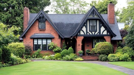 A brick house with a black roof and a front yard with a sidewalk.
