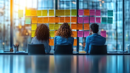 Three People Working on a Project with Sticky Notes