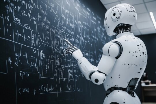 A sophisticated robot is seen solving intricate mathematical equations on a blackboard in a high-tech lab, symbolizing the pinnacle of artificial intelligence in academics.