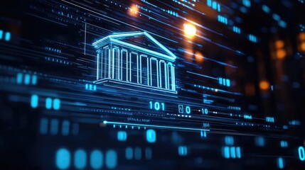 Futuristic digital representation of a government building with data streams symbolizing technology and finance integration.