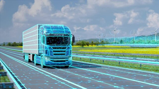 Smart Logistics: Generic autonomous semi truck with cargo trailer driving through green landscape. Scanning and digitalizing effetcs. Future Technology Concept. 3D animation rendering