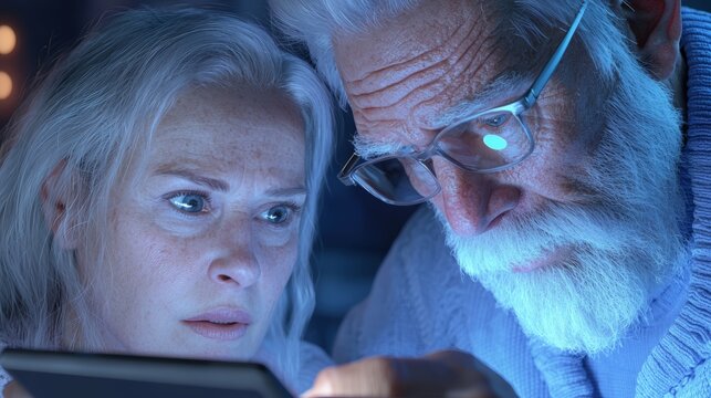 Elderly couple engaged in a moment of connection while using a smartphone, highlighting technology and intimacy in modern life.