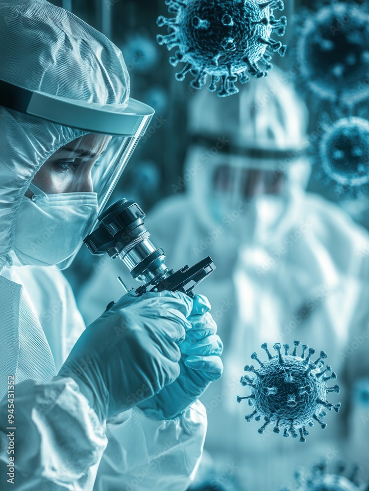 Poster medical professionals in protective suits analyze viruses under a microscope in a laboratory setting