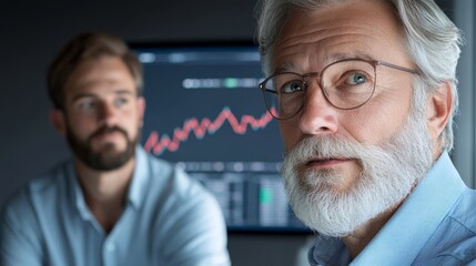 Obraz premium Two professionals in a modern office discussing data trends, showcasing collaboration between generations and expertise.