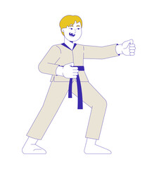 Martial arts kimono boy in fighting stance 2D cartoon character. Caucasian male jujitsu judo kid punching with hand isolated person flat vector on white background. Spot illustration colorful