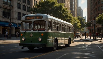 Fototapeta premium Vintage Green Bus in Urban Setting