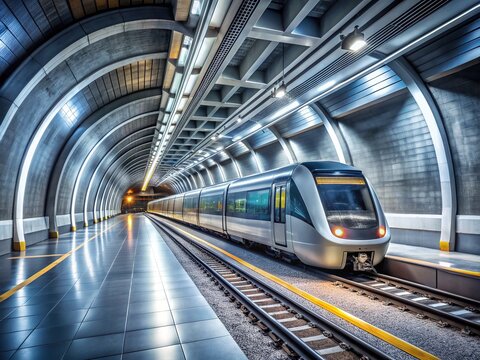 Modern rapid transit train speeds through brightly lit underground tunnel, sleek silver cars blurring past concrete walls and fluorescent lights in urban transportation hub.