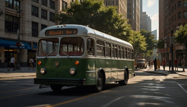 Vintage Green Bus in Urban Setting