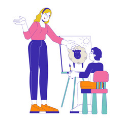 Art teacher giving advice to kid about drawing 2D cartoon characters. Easel boy painting, blonde woman schoolteacher isolated people flat vector on white background. Spot illustration colorful