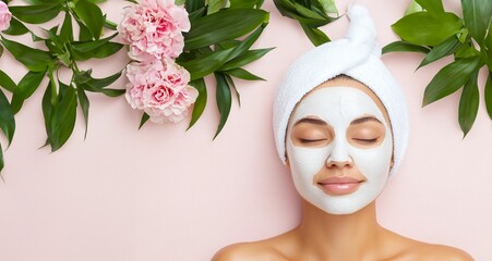 horizontal image, a portrait of a woman in a spa, pink isolated background. With copy space for...