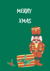 Fototapeta premium Xmas Vertical Card with gift and festive decorations. Cute flat character with present. Happy Holidays greeting card or vertical banner. Cartoon flat illustration.