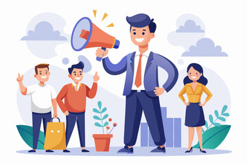 Recommendation, like or business feedback, office reputation, customer feedback or announce best quality promotion, recommend career concept, business people announce on megaphone with thumbs up. 
