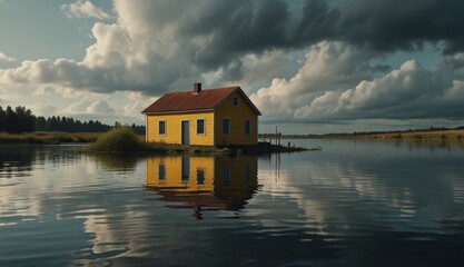 Obraz premium Serene Yellow House by Water