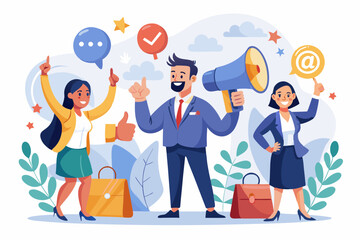 Recommendation, like or business feedback, office reputation, customer feedback or announce best quality promotion, recommend career concept, business people announce on megaphone with thumbs up. 
