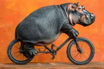 Playful Hippopotamus Balancing on Vintage Bicycle, Quirky Transportation on Vibrant Orange Backdrop