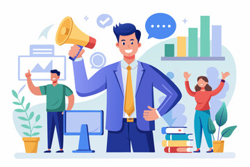Recommendation, like or business feedback, office reputation, customer feedback or announce best quality promotion, recommend career concept, business people announce on megaphone with thumbs up. 
