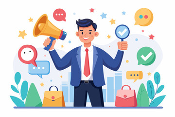 Recommendation, like or business feedback, office reputation, customer feedback or announce best quality promotion, recommend career concept, business people announce on megaphone with thumbs up. 
