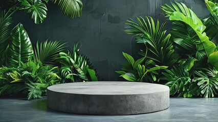 Wooden podium platform for products and advertising with growing palm bushes in the background, ideal for promotional and marketing displays new stock image illustration AI