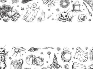 Set of halloween elements in sketch style. Design of  ghosts, creepy and spooky elements for halloween decorations, sketch, icon. Hand drawn vector template