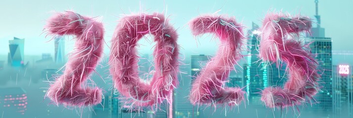 Fototapeta premium Creative pink fuzzy 2025 text over a futuristic cityscape, ideal for New Year celebrations and futuristic themes.