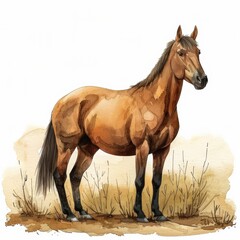 Obraz premium A watercolor illustration depicting a brown horse standing in a meadow