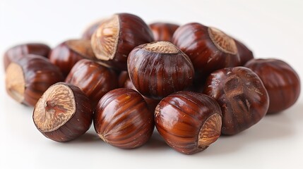 A close-up view of a pile of shiny, brown chestnuts with a smooth surface, showcasing their natural texture and color.
