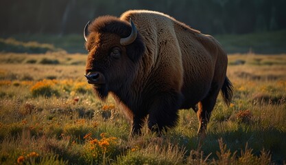Majestic Bison in Sunset Meadow