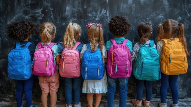 excited group of diverse children with colorful backpacks ready for school beaming smiles and enthusiasm capture the joy of learning and friendship on their first day of kindergarten