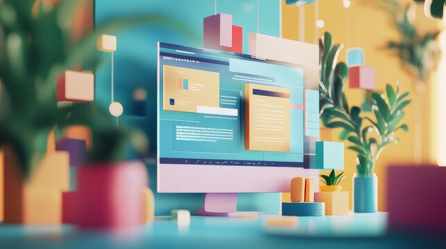 Concept of assembling a web page from modules that fly around the display. The web design studio concept page is on the display