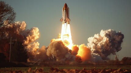 Space Shuttle Launch Dramatic Smoke Clouds Sky - Stock Photo