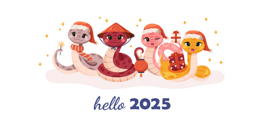 Happy Chinese New Year, 2025 horizontal banner, card.  CNY mascot, animal character in Santa hat,  Cute snakes. Asian lunar animal. Friendly characters isolated on white