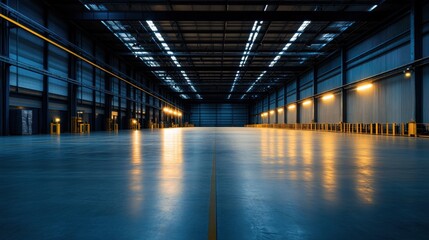 Expansive warehouse interior with blue-toned lighting, emphasizing storage, logistics, and efficient inventory management in a modern distribution facility.