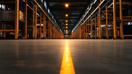 Warehouse aisle with a clear yellow safety line, representing orderly logistics, inventory management, and supply chain optimization in industrial storage spaces.