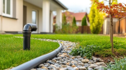 Black pipe for drainage system in a backyard next to a house.