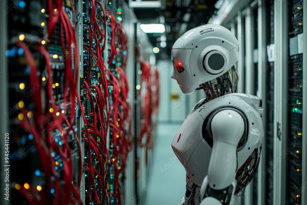 Poster Humanoid robot managing detailed red cable arrangement in a modern data center filled with server racks, symbolizing advanced technology and automation in network management.