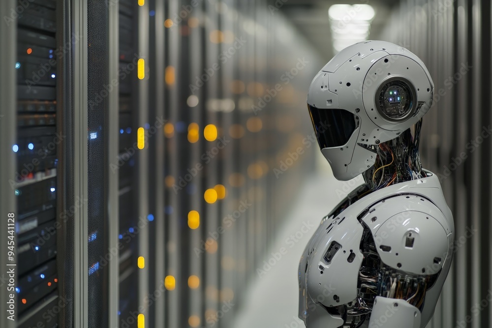 Poster A humanoid robot with sleek design attentively examining orange server lights within a modern data center environment, showcasing precision, technology, and artificial intelligence.