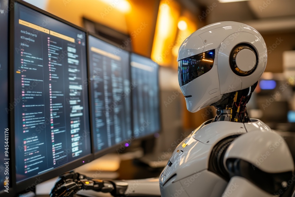 Poster Humanoid robot interacting with multiple screens displaying code in a modern office environment, symbolizing the integration of AI, automation, and technology in contemporary workplaces.