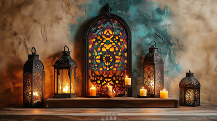 Fototapeta premium The image features ornate lanterns and candles against a vibrant mosaic backdrop, creating a warm, exotic ambiance with intricate patterns and designs