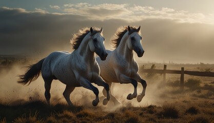 Fototapeta premium Majestic Running Horses at Dusk