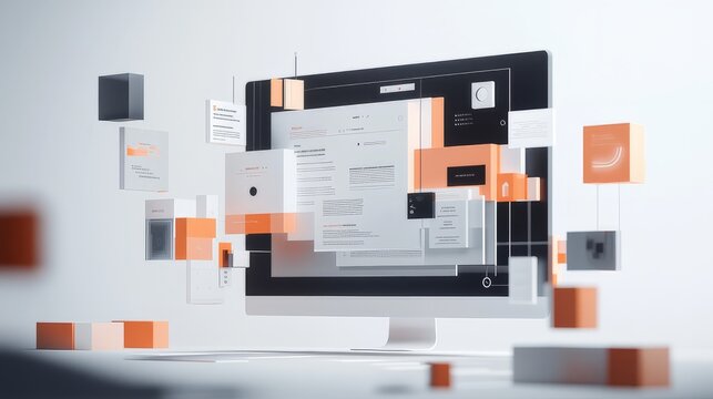 Concept of assembling a web page from modules that fly around the display. The web design studio concept page is on the display