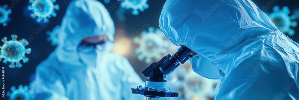 Poster medical personnel in protective clothing observe viruses through a microscope while conducting cruci