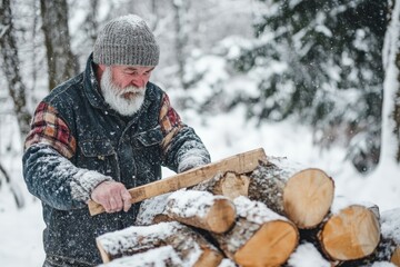 A man in a hat is chopping stacked wood logs with an axe in a snowy forest, showcasing hard work and resilience in harsh winter conditions.