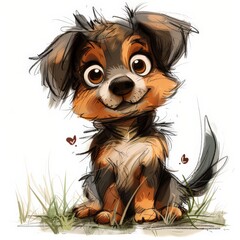 Naklejka premium A cute, cartoon-style dog with big, brown eyes and a happy expression sits in the grass