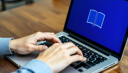 A person's hands typing on a laptop keyboard, with an open book icon displayed on the screen screen