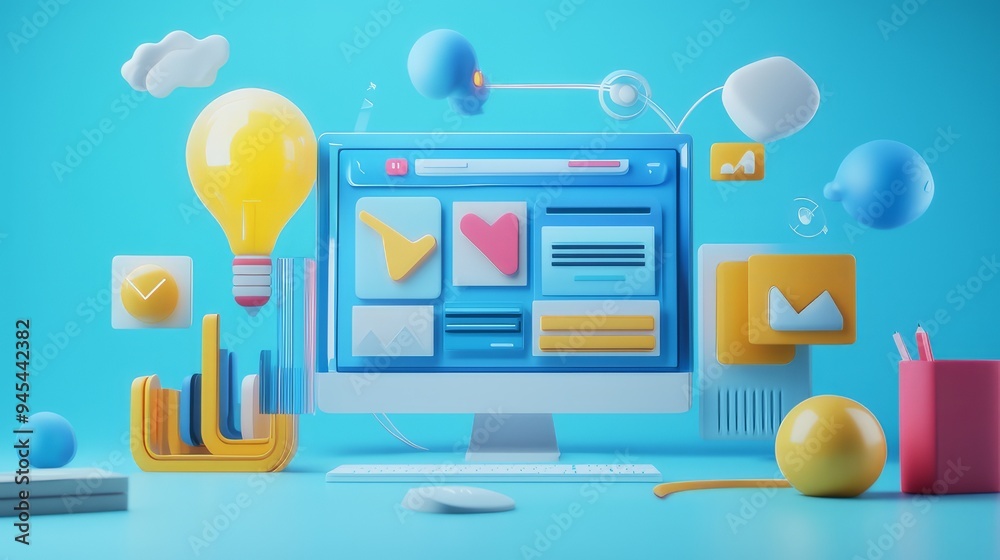 Wall mural concept of assembling a web page from modules that fly around the display. the web design studio con