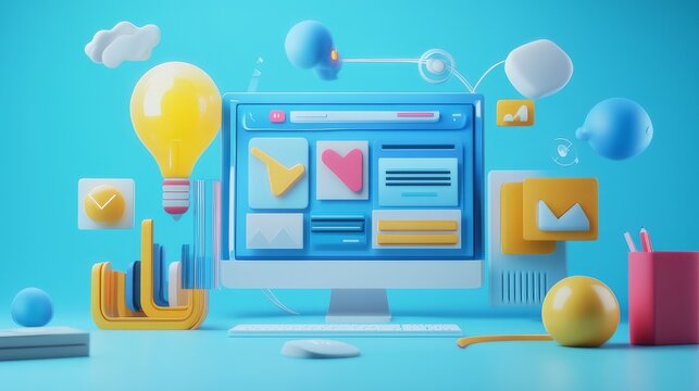 Concept of assembling a web page from modules that fly around the display. The web design studio concept page is on the display